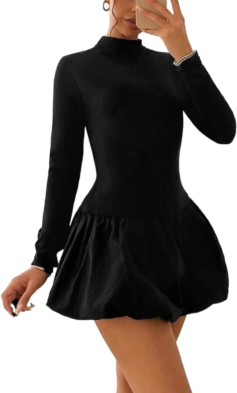 Женское платье мини A-силуэта с воланами Long Sleeve Casual Dress, Black