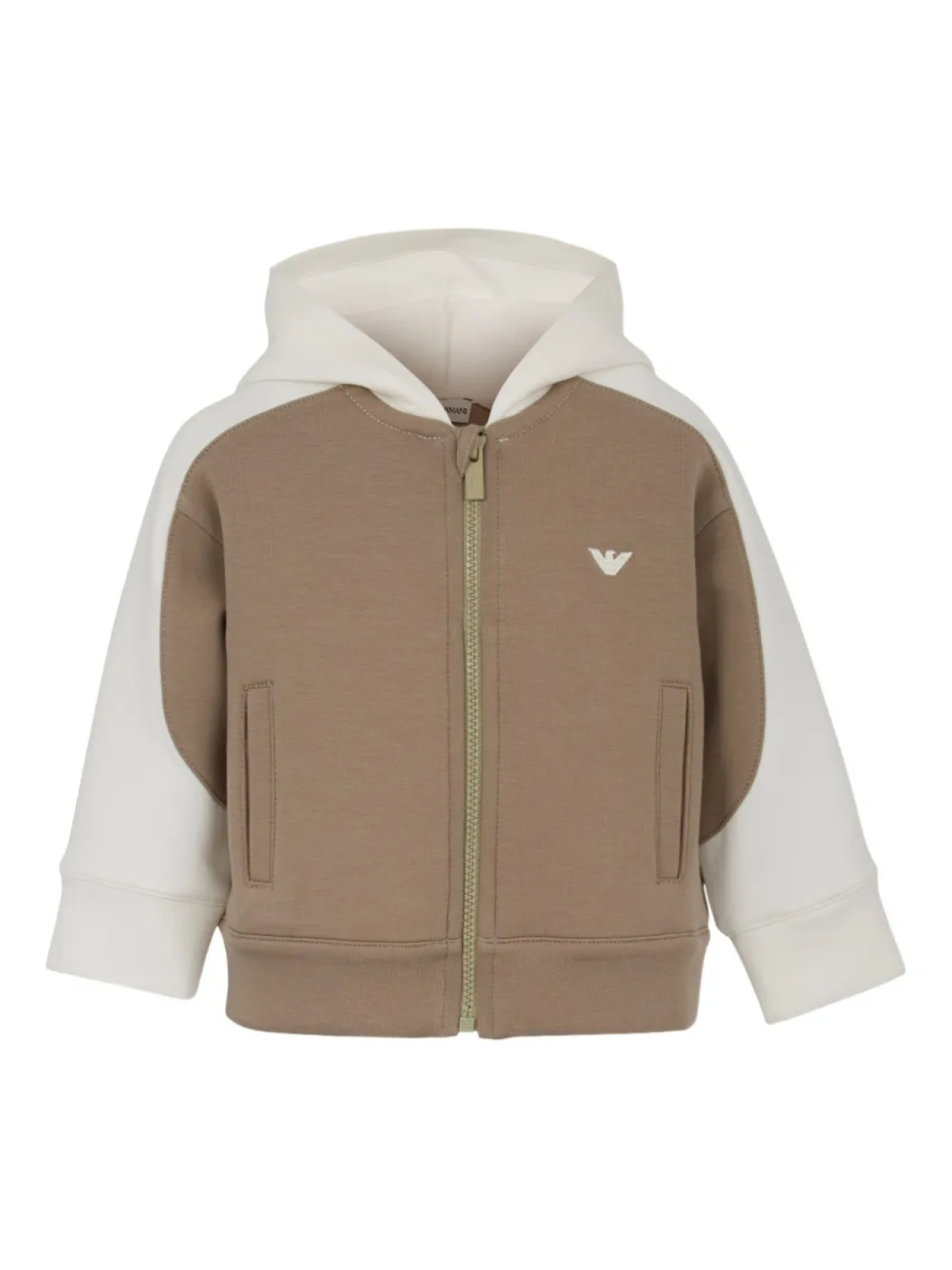 

Детская толстовка с капюшоном Emporio Armani Kids на молнии с цветными блоками, коричневый