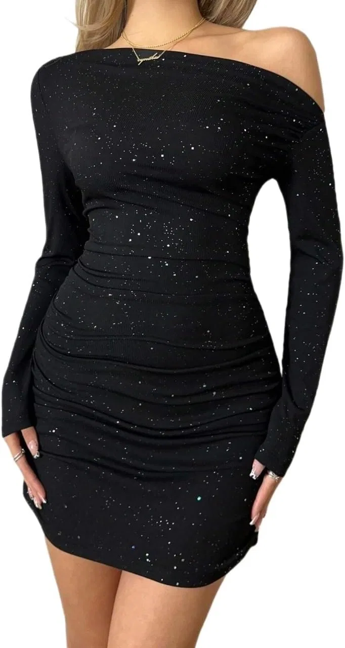 Женское мини-платье bodycon с асимметричным вырезом и защипами, Black