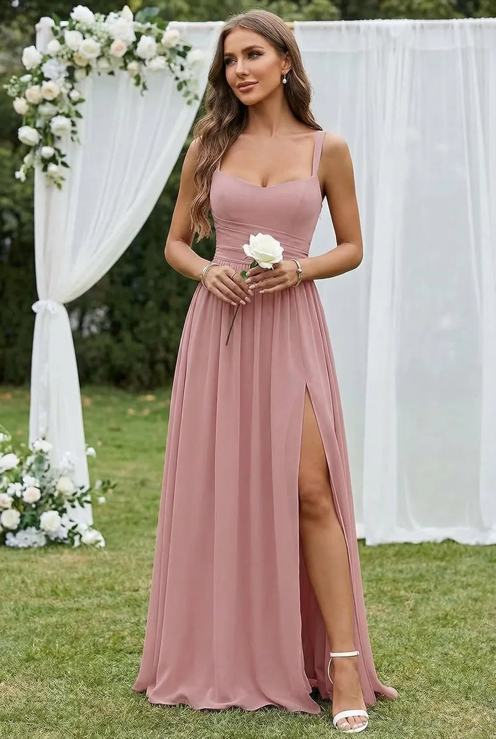 Женское длинное платье шифон с разрезом Chiffon Bridesmaid Dresses, Coral — фото 3