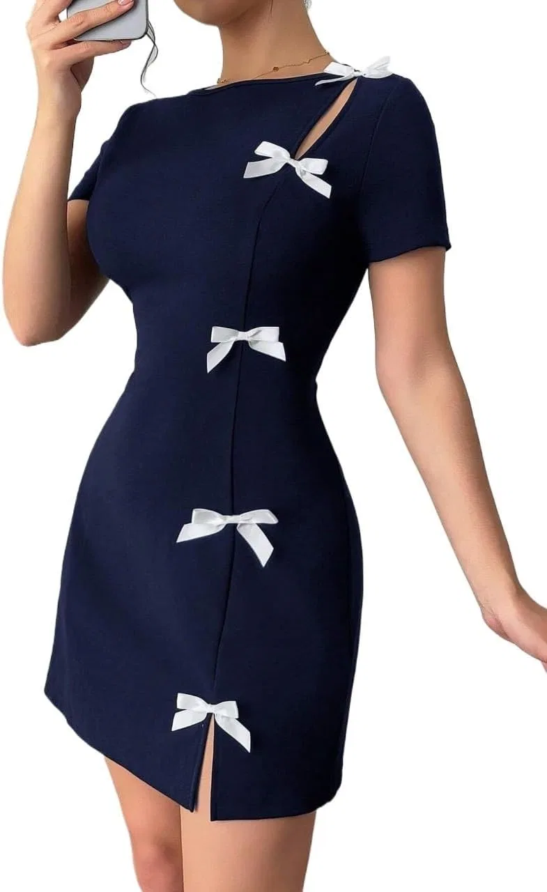 Женское облегающее мини-платье с бантом Bodycon, Navy Blue