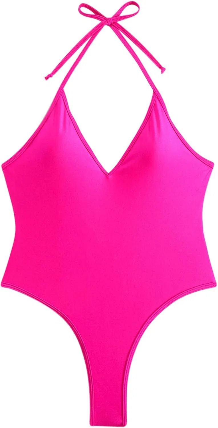 Женский слитный купальник V-образным вырезом Generic, Hot Pink