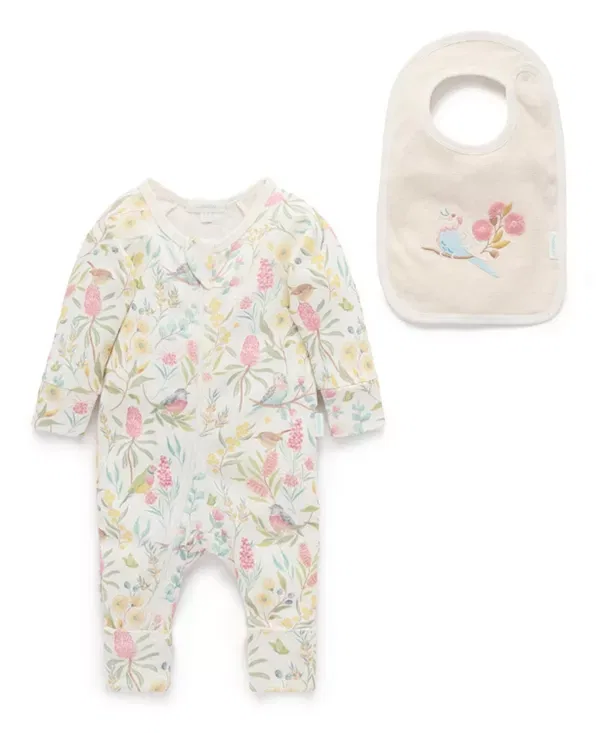 Детский комплект комбинезона и слюнявчика с принтом Australiana Floral Purebaby, Aviary Garden
