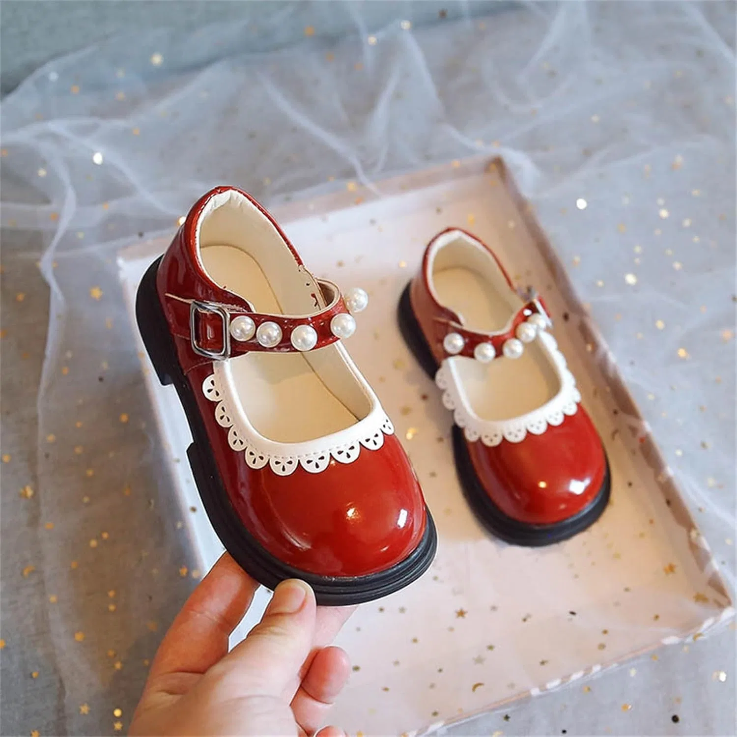 Детские балетки для девочек с ремешком на щиколотке Flower Girl Shoes, Red — фото 4