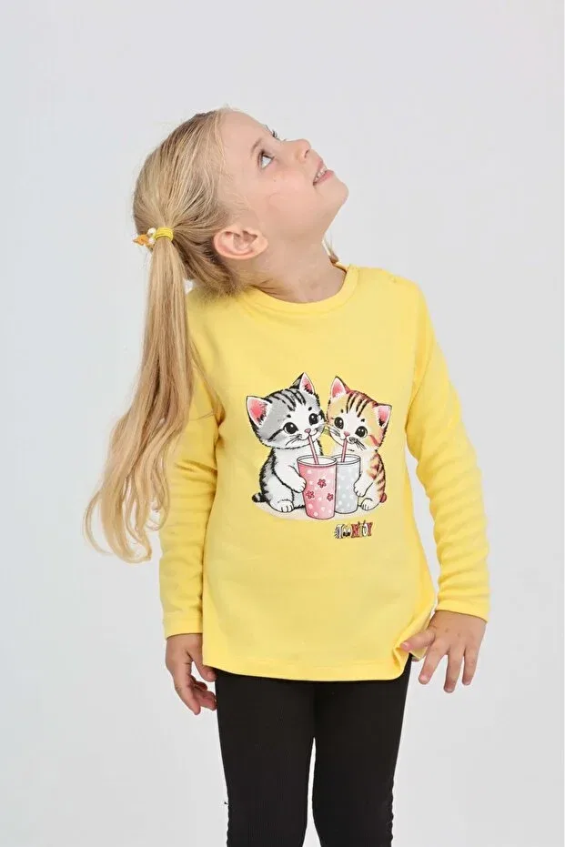 Детские свитшот для девочек с принтом Double Cat Printed Toontoy, Light Yellow — фото 3