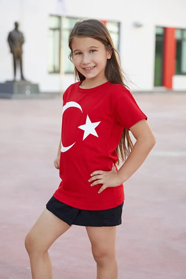 Детская футболка для девочек с принтом 23 April Turkish Flag Printed Fulla Moda, Red — фото 2