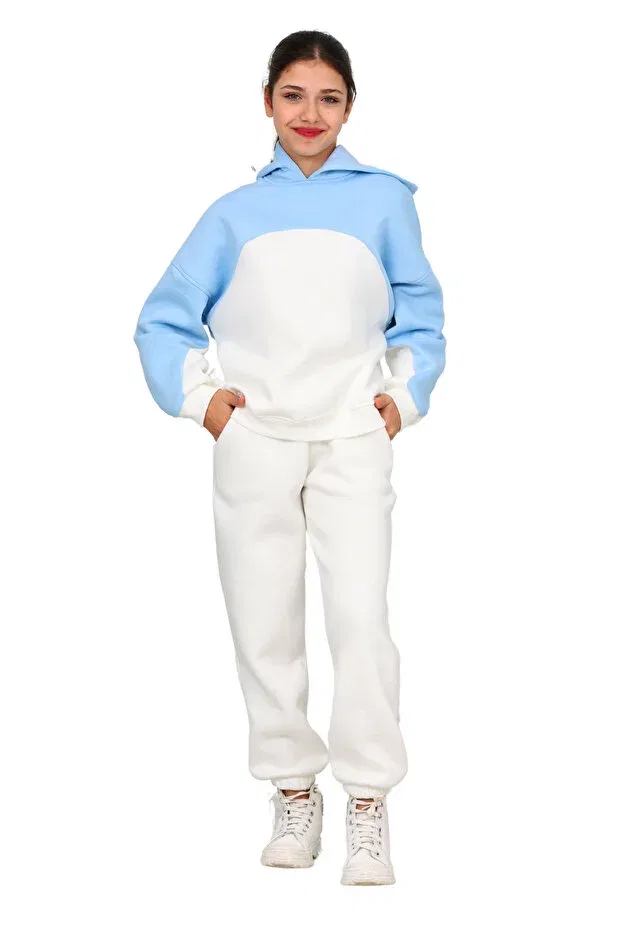 Детский спортивный костюм для девочек из футера с капюшоном Erdem Kids, Ecru-Blue