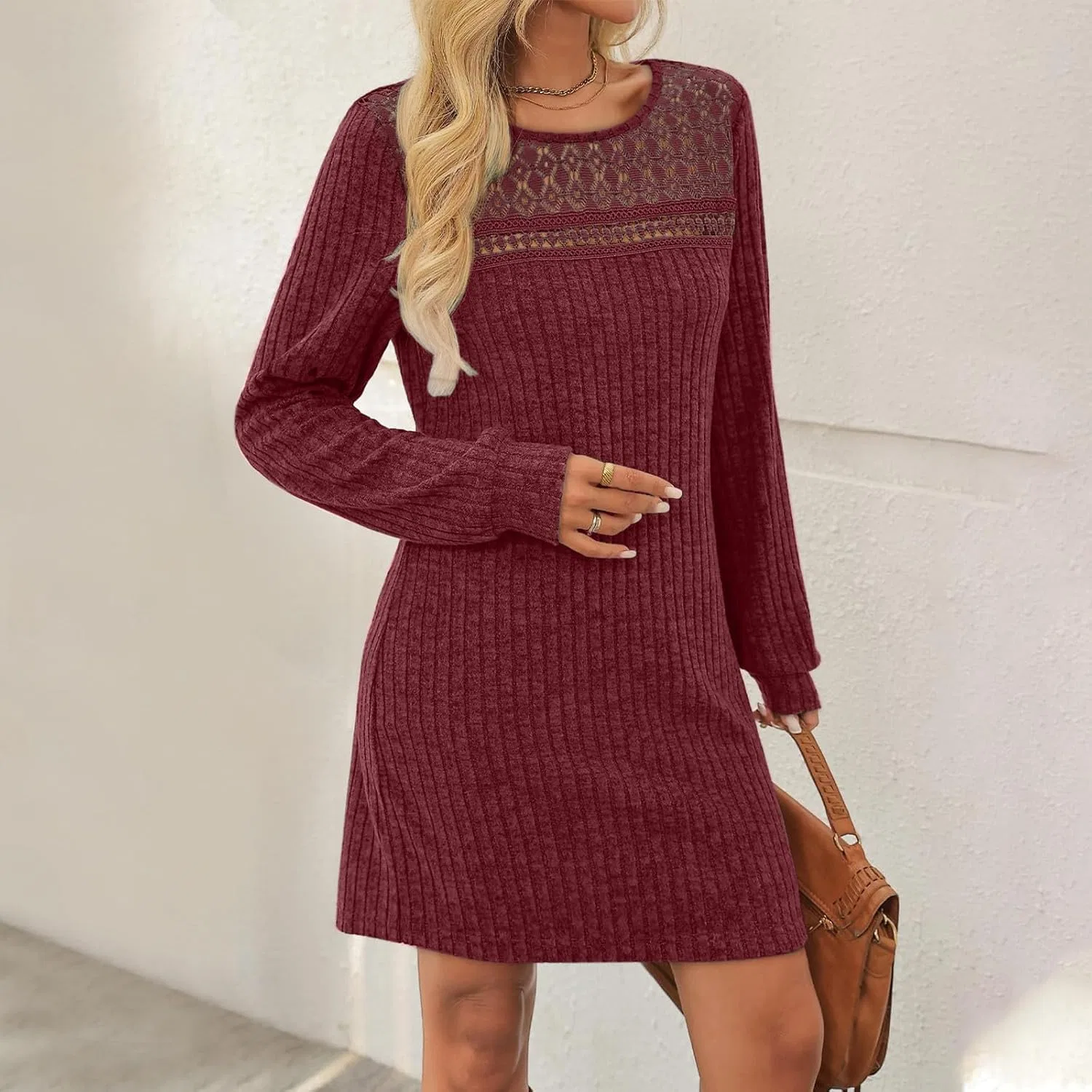 Женское платье-свитер с длинным рукавом Ribbed Tunic, Wine — фото 2