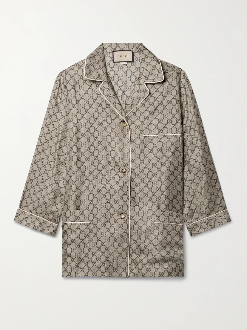 Рубашка GUCCI из жаккарда на шелковом сатине, свободный крой, хаки