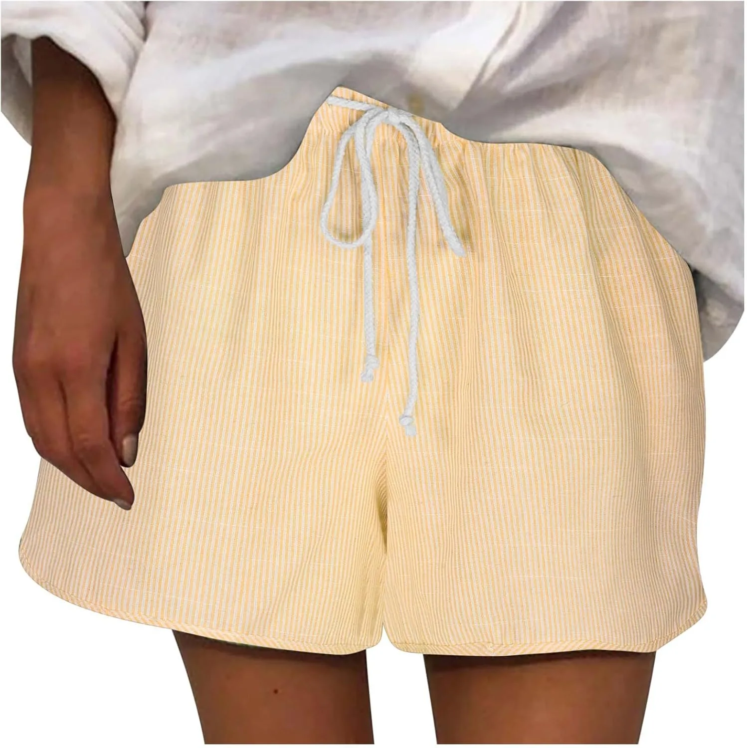 

Женские полосатые льняные шорты High Waisted с кулиской