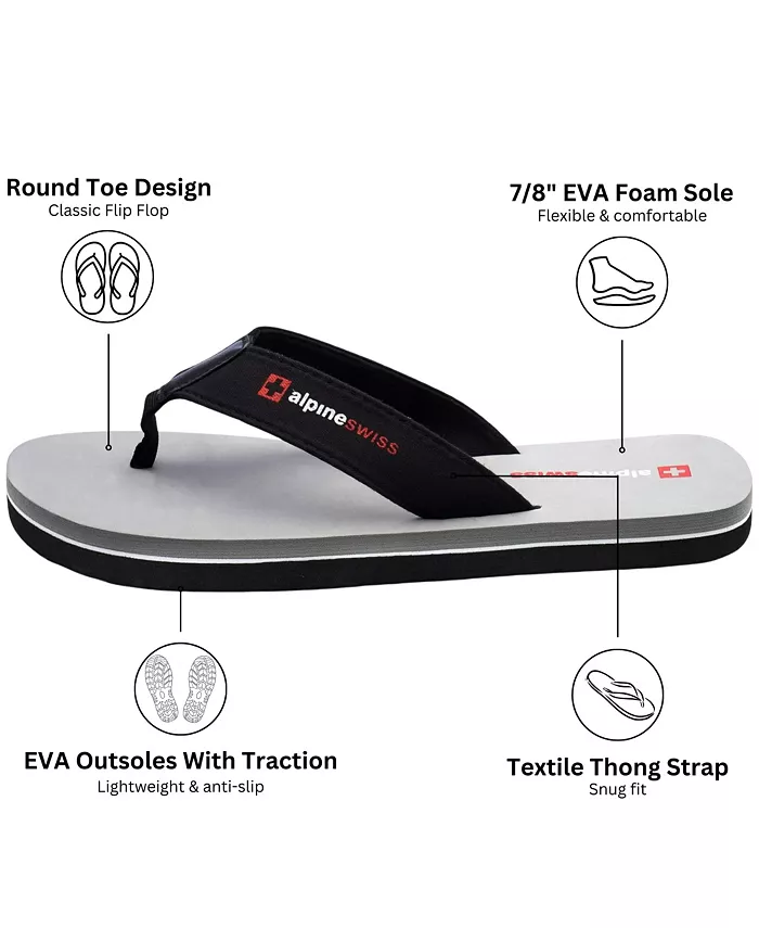 Мужские шлепанцы Flip Flops, легкие сланцы с перемычкой между пальцами. Пляжные сандалии на подошве из EVA для комфорта. Прочные шлепанцы для мужчин, повседневная обувь для бассейна и улицы Alpine Swiss, серый — фото 3
