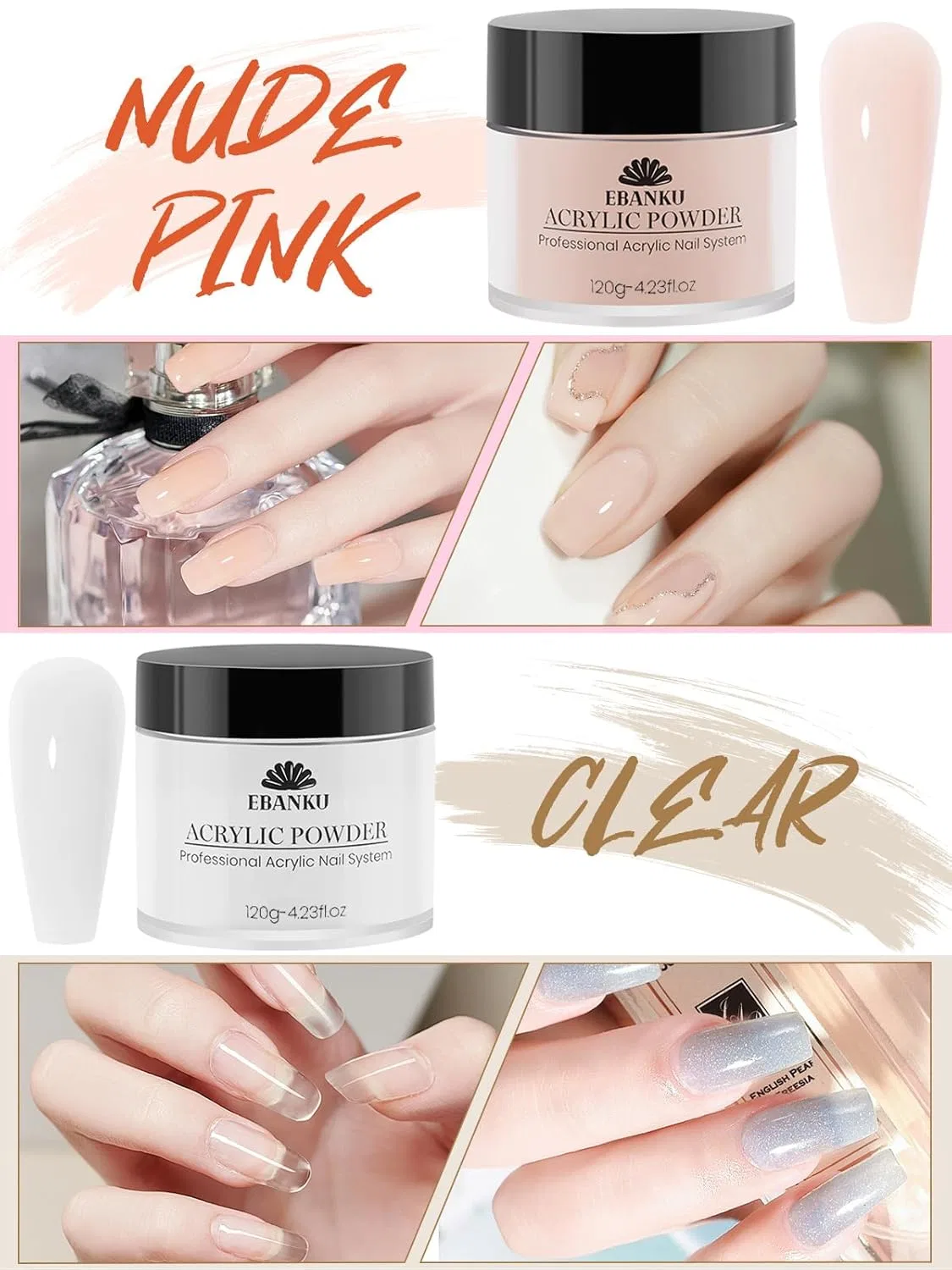 Набор акриловой пудры для ногтей «4 Colors» от EBANKU, 480 г Ebanku, Transparent, Pink, White, Nude — фото 4