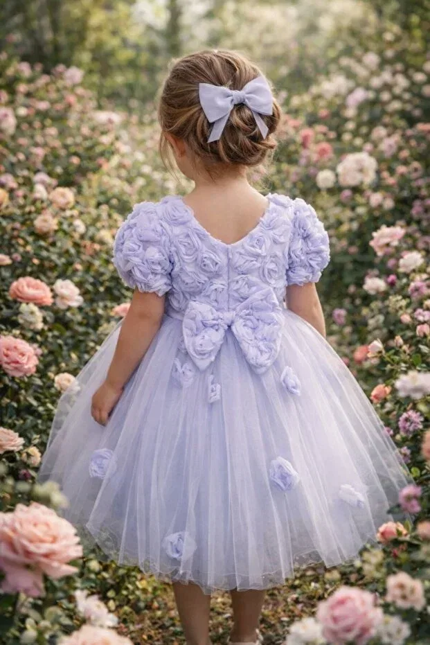 Детское платье для девочек с принтом Rose Embossed Tulle Piece Style Abiyekids, Lilac