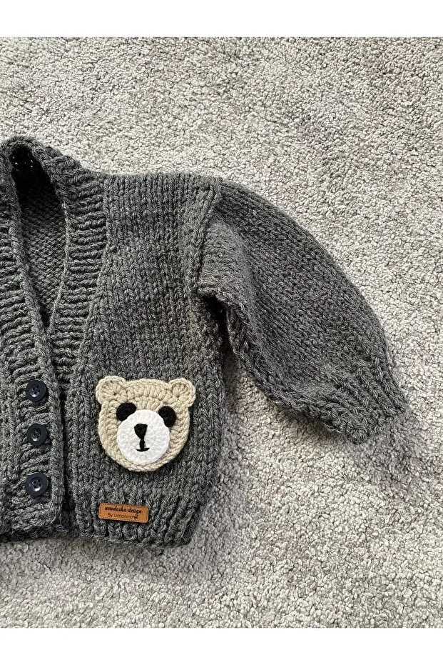 Детский кардиган для мальчиков вязаный Hand knitted cute teddy bear detailed boy's cardigan Nevalin, Dark Gray — фото 4