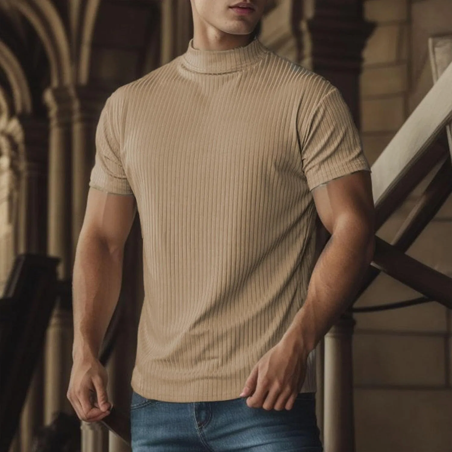 Мужская футболка с имитацией воротника поло Ribbed Knit, Khaki — фото 2