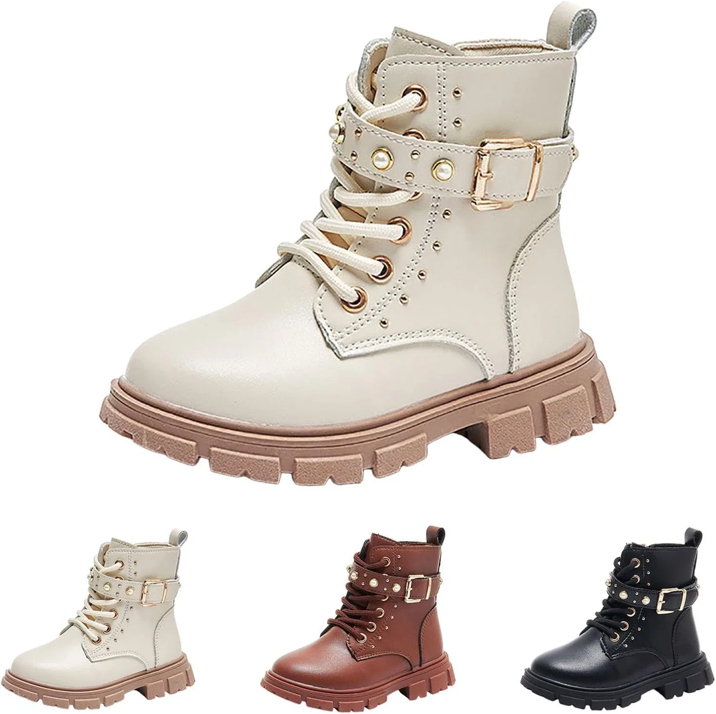 Детские ботинки для девочек с жемчужной шнуровкой, модель Girls Combat Ankle Boots, Beige