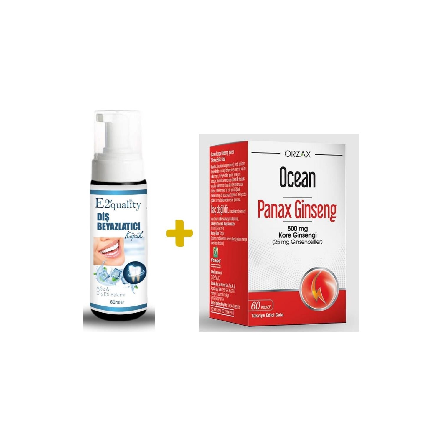 

Отбеливающая пена для зубов Orzax E2' Quality + Женьшень Orzax Panax, 60 капсул