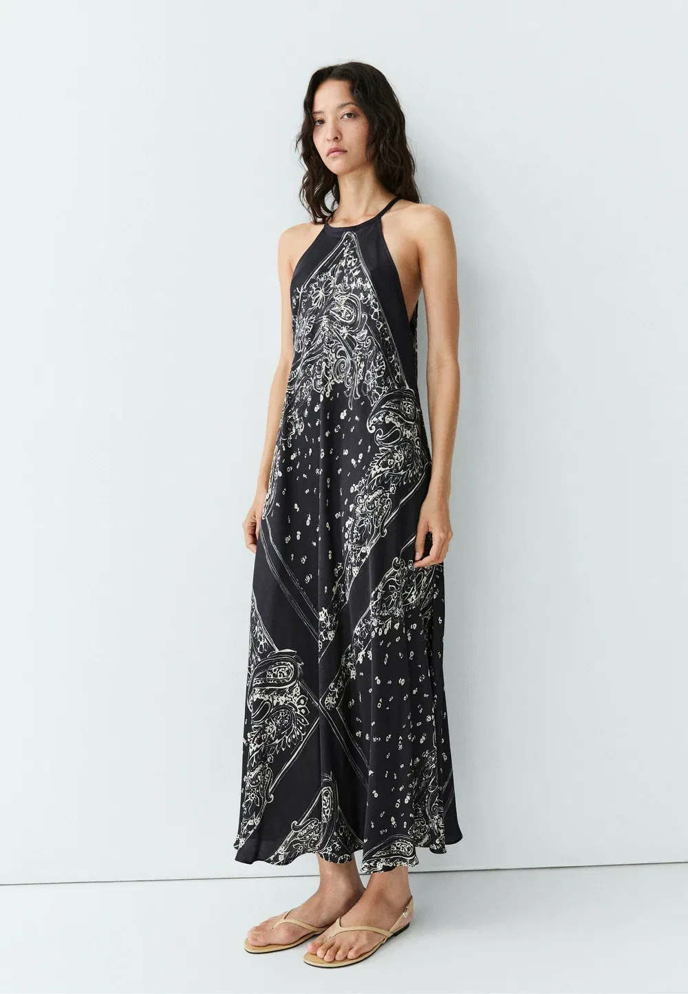 Длинное струящееся платье-макси с узором пейсли Massimo Dutti, Mottled Dark Blue — фото 2