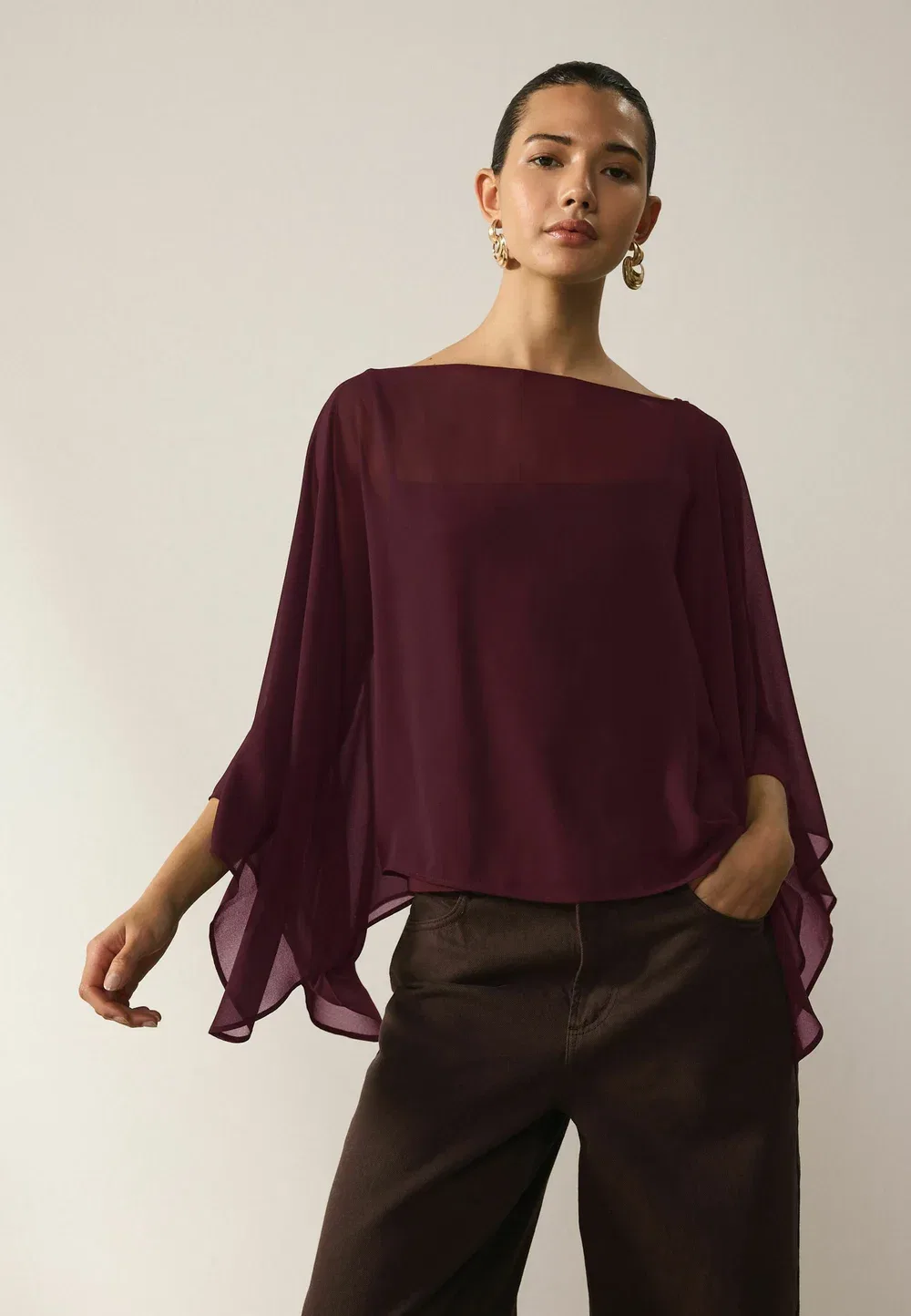 Блузка прямого кроя - топ с рукавами-кейпами из прозрачной ткани Next, Burgundy Red