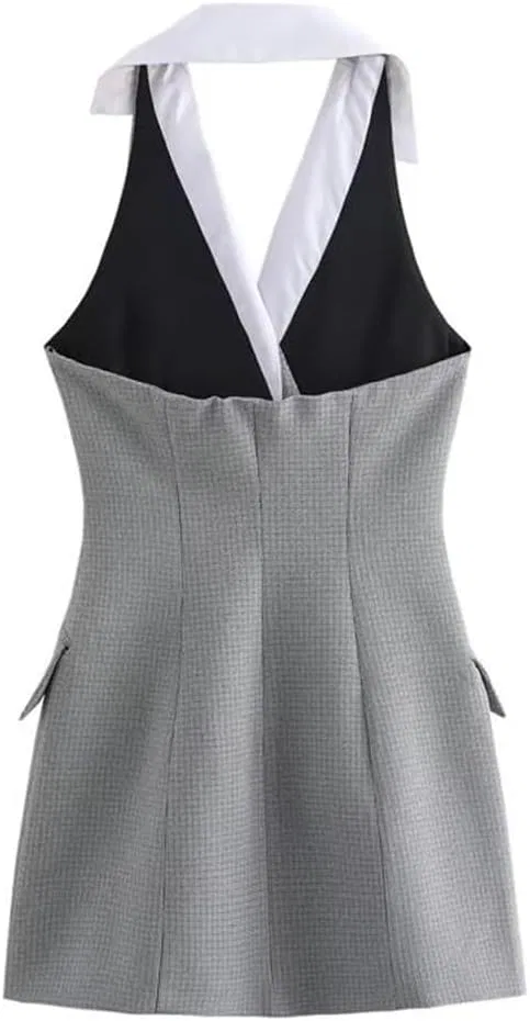 Женское мини-платье с клеткой Double Breasted Slim Backless, Multi — фото 3