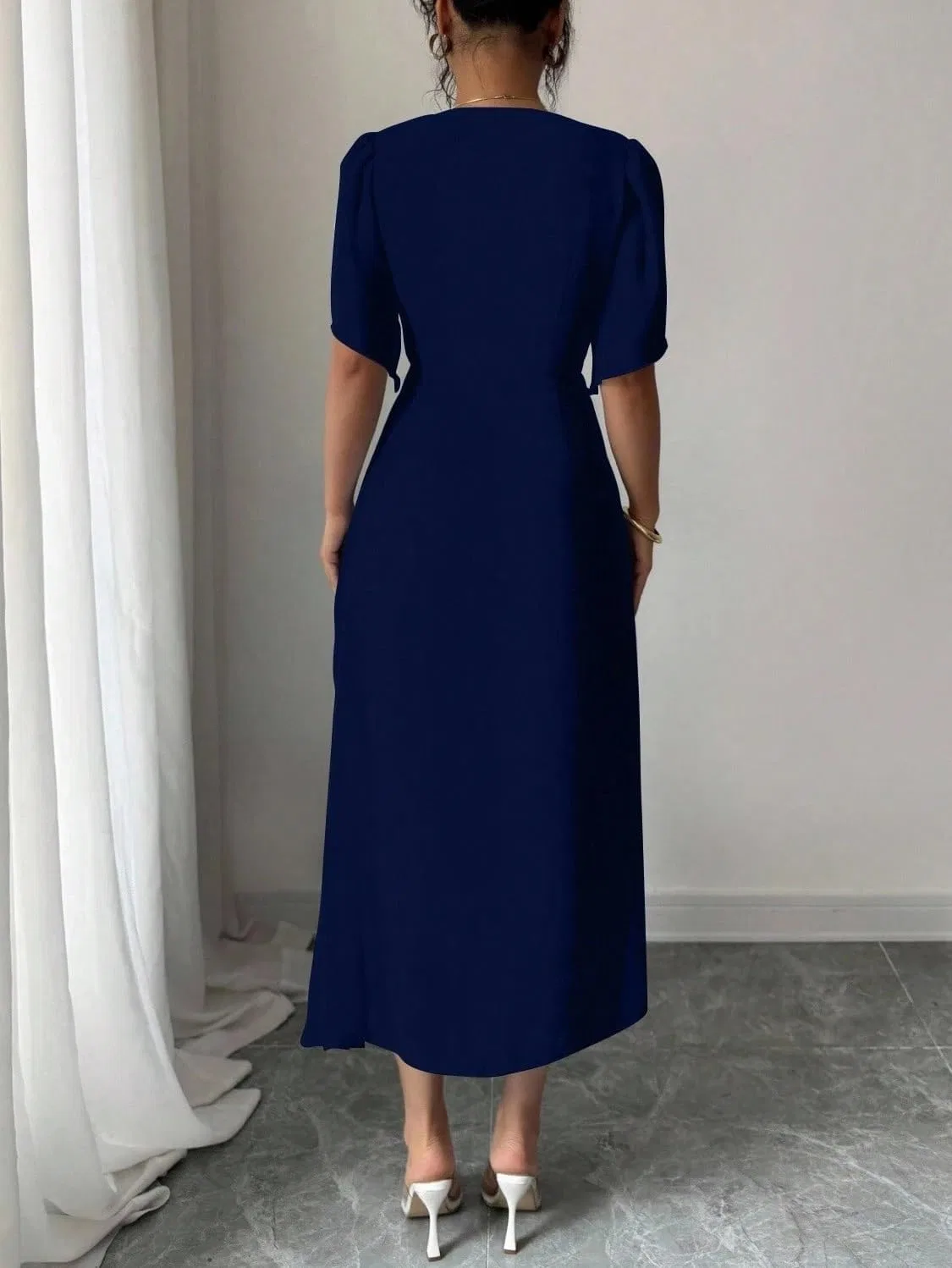 Женское элегантное платье миди с рукавом-фонарик A-line, Navy Blue — фото 2