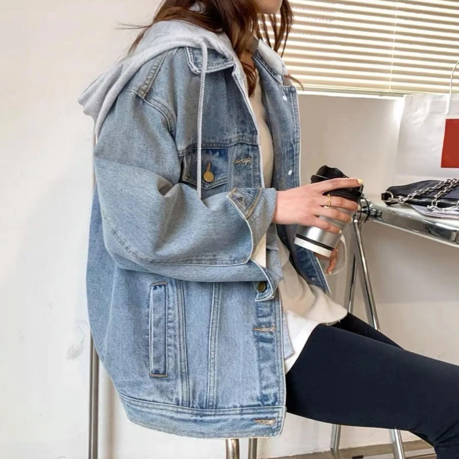 Женская джинсовая куртка oversize с капюшоном, boyfriend, Blu — фото 3