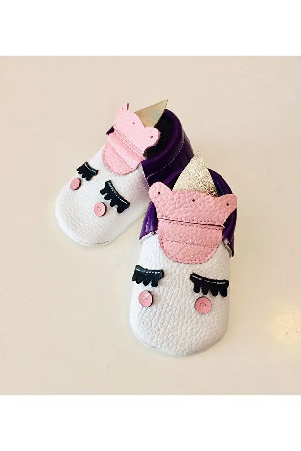 Детские мокасины для девочек кожаные Unicorn Themed Genuine Leather Moccasin Çizmeli Kedi, White