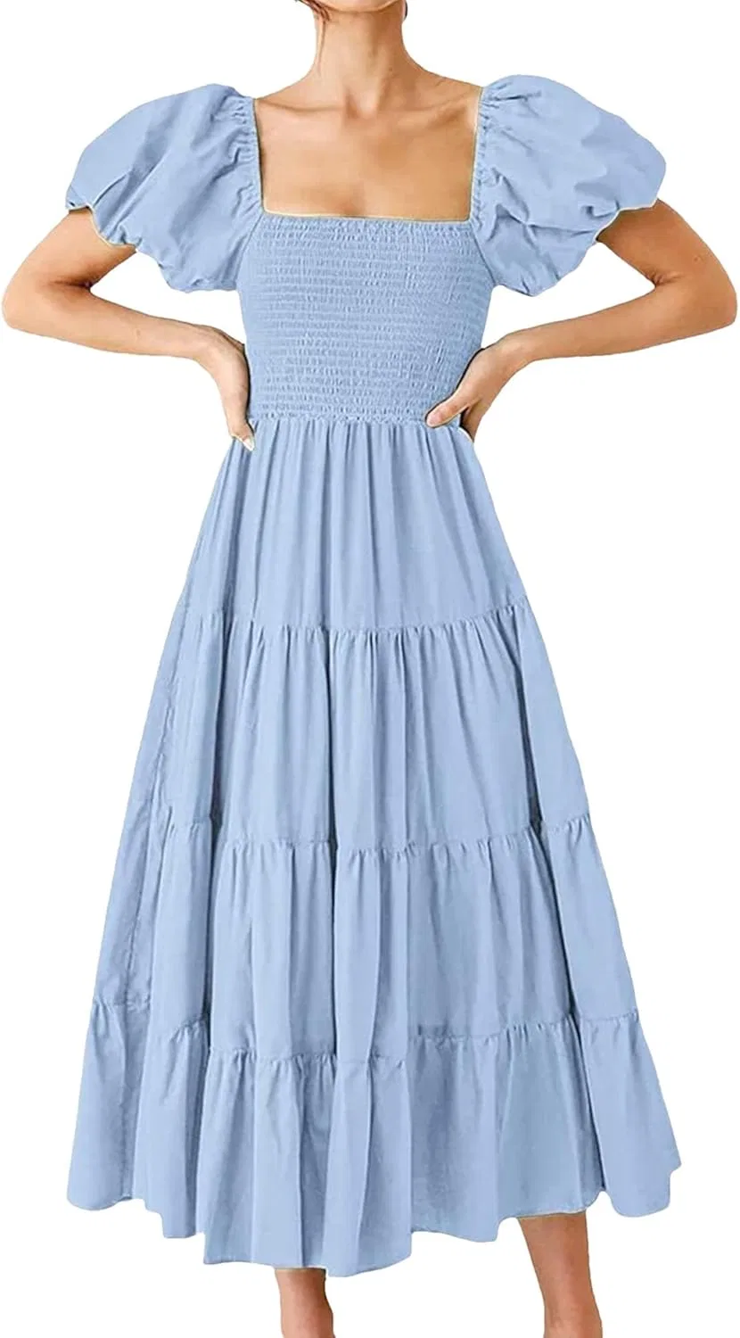 Женское летнее макси-платье с рюшами и воланами, Light Blue