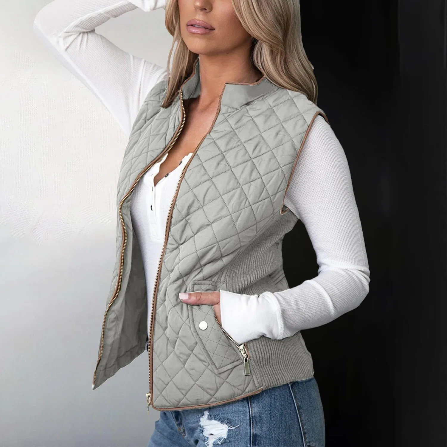 Женский жилет с принтом Attumn Winter Solid Composite Zipper Vest Jacket Sleeveless with Pocket Spring Jackets, Grey — фото 2