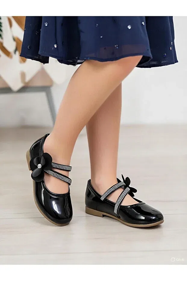 Детские балетки для девочек с принтом Double Strap Stone Patent Leather Lideral, Black — фото 2