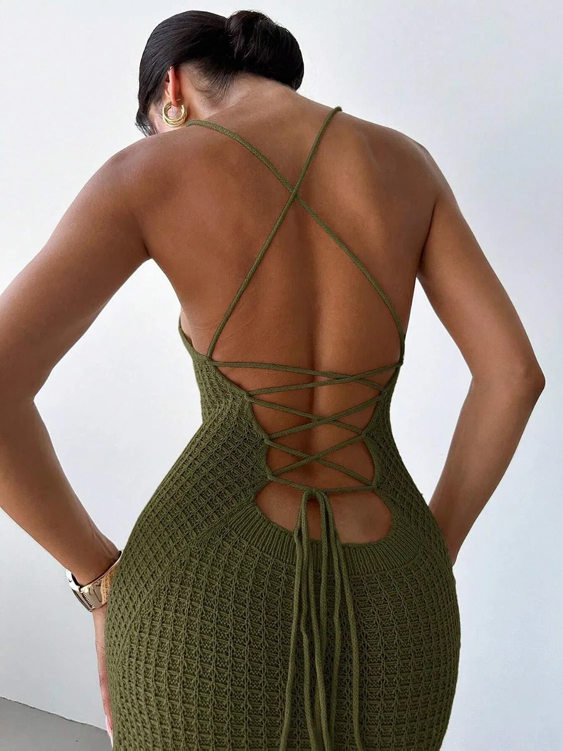 Женское облегающее платье миди с разрезом Bodycon, Army Green — фото 2
