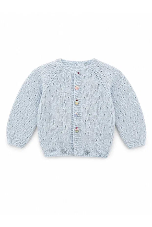Детский кардиган для девочек хлопковый Hand knitted light blue baby cardigan with cupcake buttons made of 100% organic cotton Lunera, Blue — фото 2