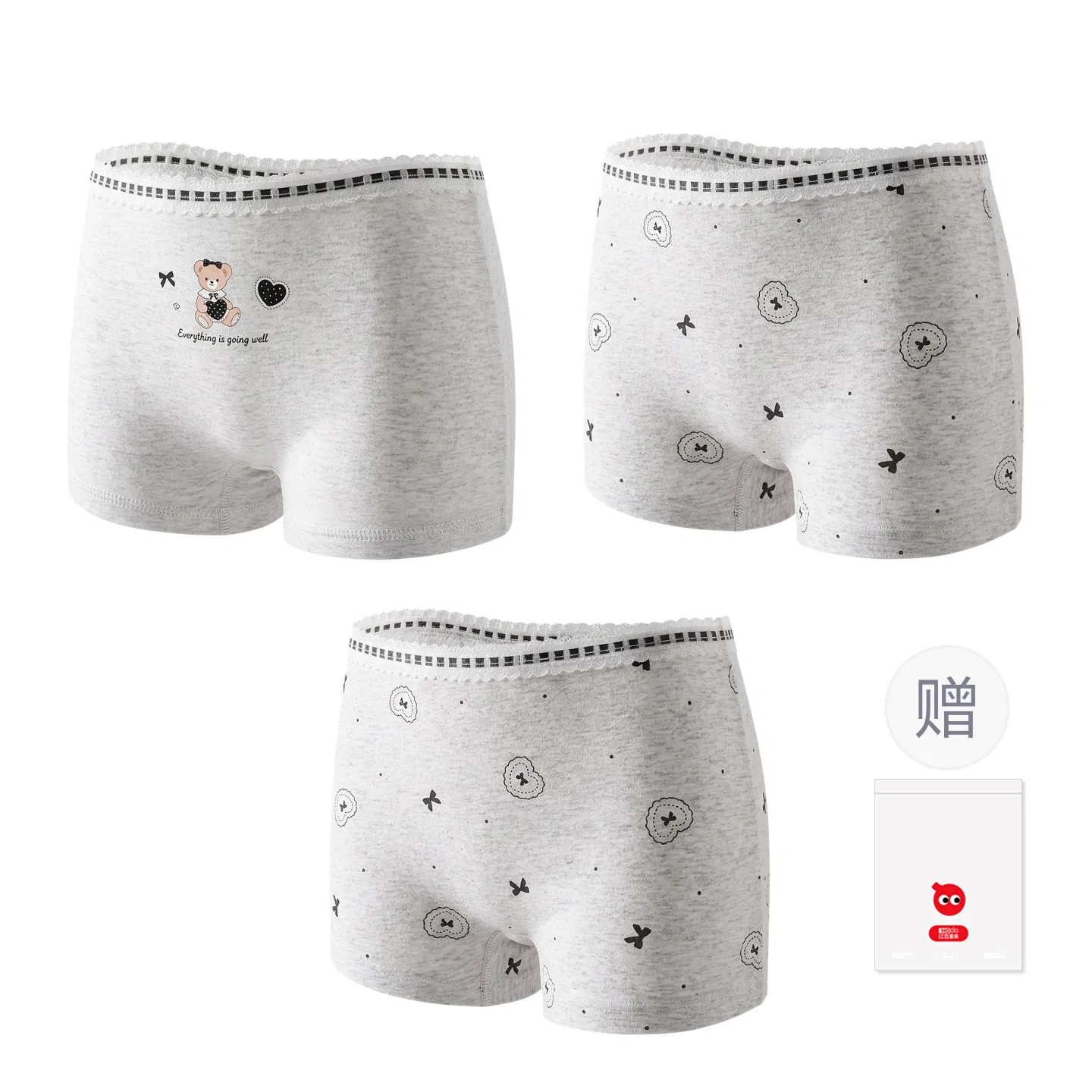 Детские трусы для девочек хлопковые набор 3 шт Red bean, Light Heather Grey Big Cloth Heart