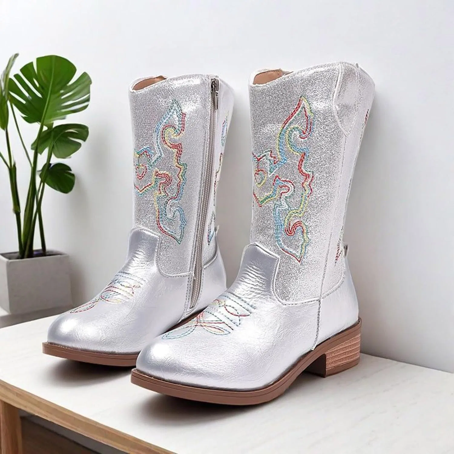 Детские сапоги для девочек с вышивкой ковбойские с боковой молнией Cowgirl Western Boots, Silver — фото 3