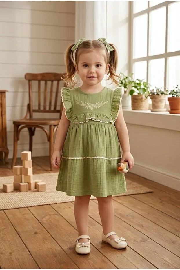 Детское платье для девочек хлопковое с вышивкой Minelia Kids, Green — фото 2