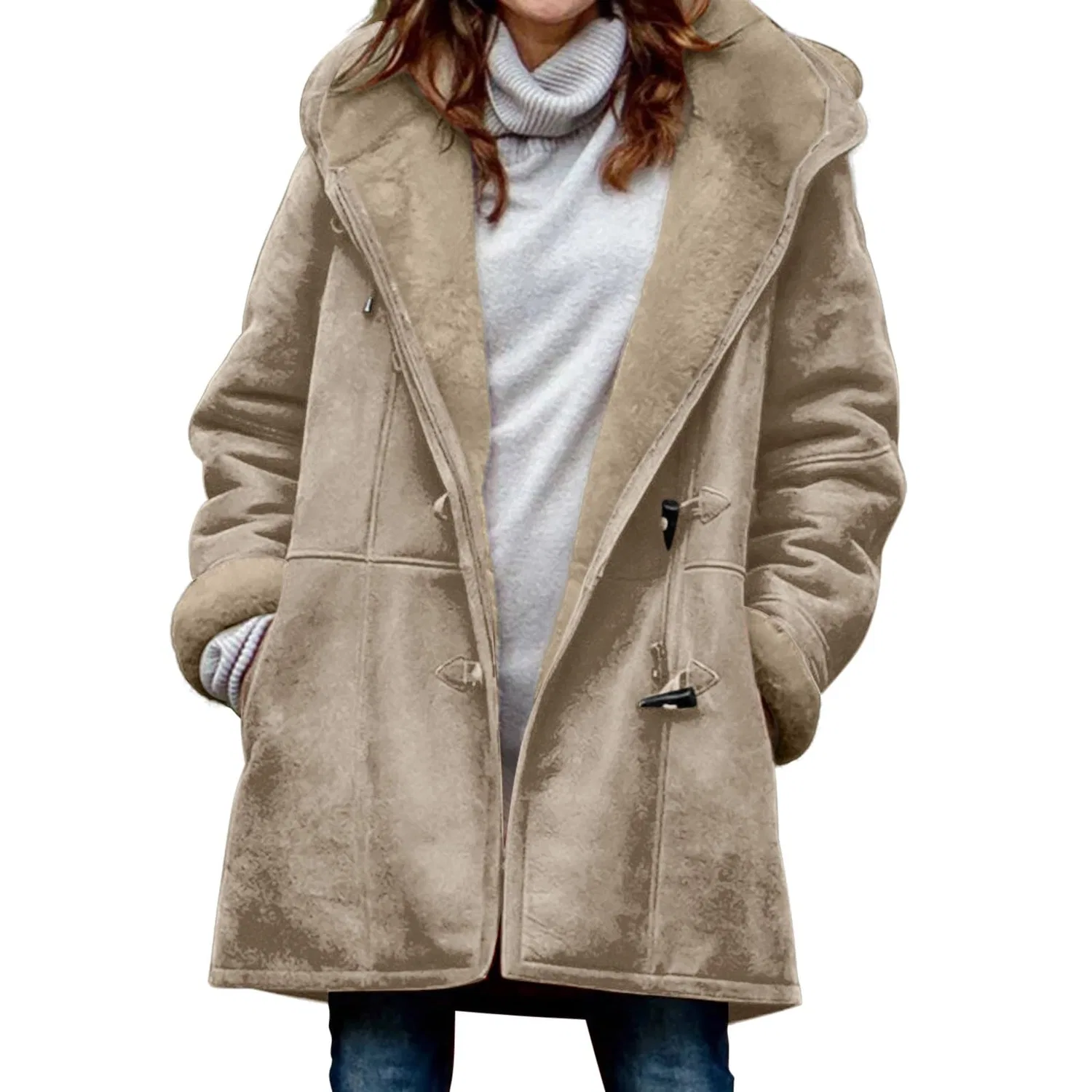 Женское пальто с поясом длинное двубортное шерстяное, Beige