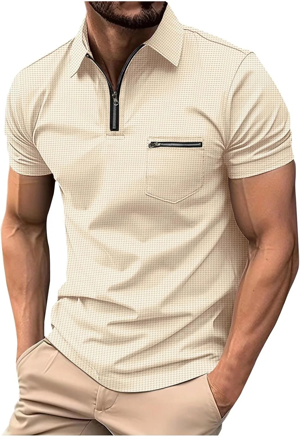 Мужская гольф-футболка с четверть-молнией и карманом, Lightweight Waffle, Beige