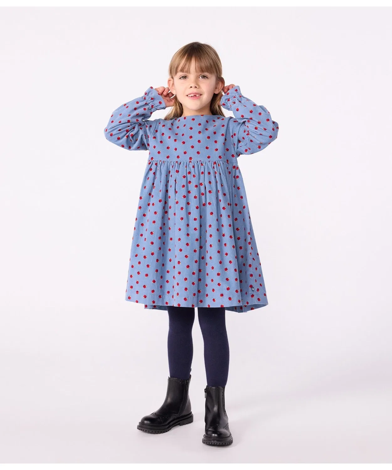 Детское платье для девочек с длинным рукавом с яблочным принтом PETIT BATEAU, Light Blue