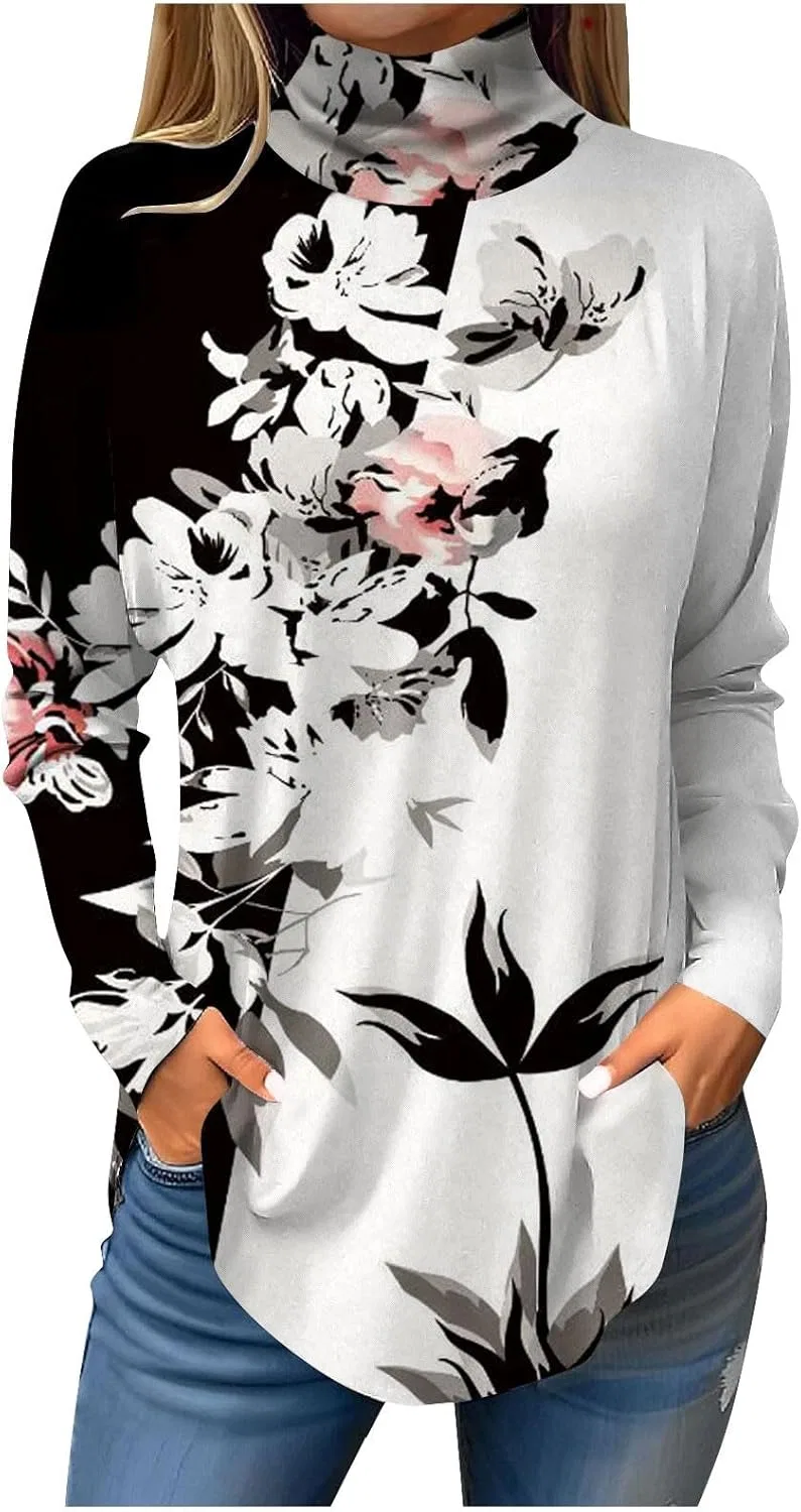 Generic Весенние топы для женщин, топы с длинными рукавами и высоким воротником, повседневные рубашки с цветочным принтом, летние нарядные блузки, размеры S-3XL, 2-черный