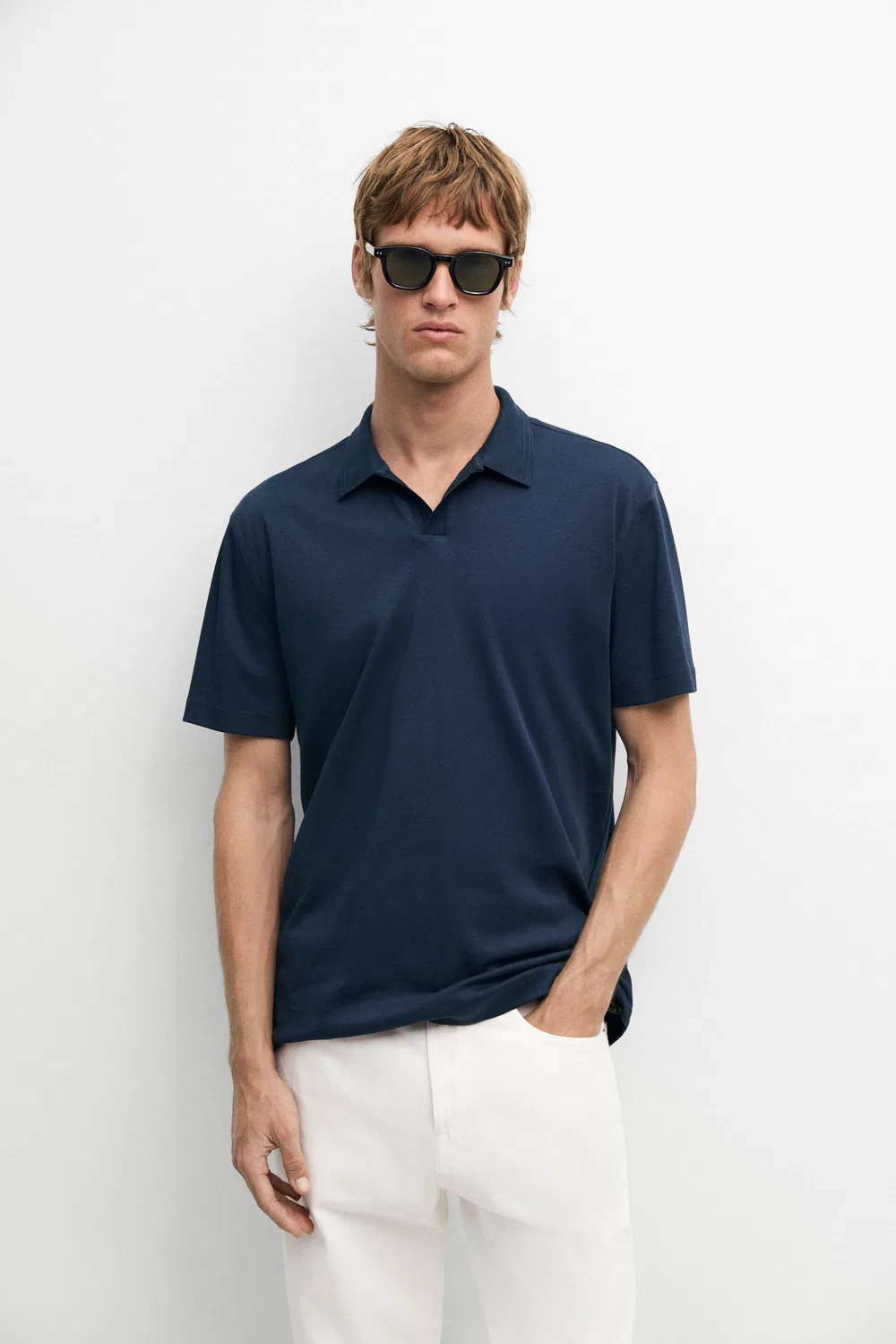 Рубашка поло трикотажная Massimo Dutti, с V-образным вырезом, синий — фото 2