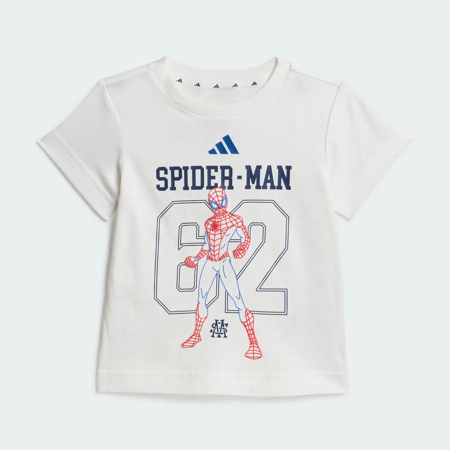 Детский спортивный комплект из футболки и шорт с принтом Marvel Spider-Man Adidas Sportswear, белый/королевский синий — фото 2