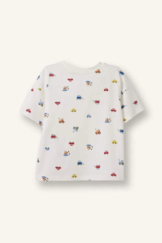 Детская футболка с принтом для мальчиков Regular Fit Vehicle Patterned Short Sleeve White T-Shirt Baby Boy Defacto, White-Wt34 — фото 3