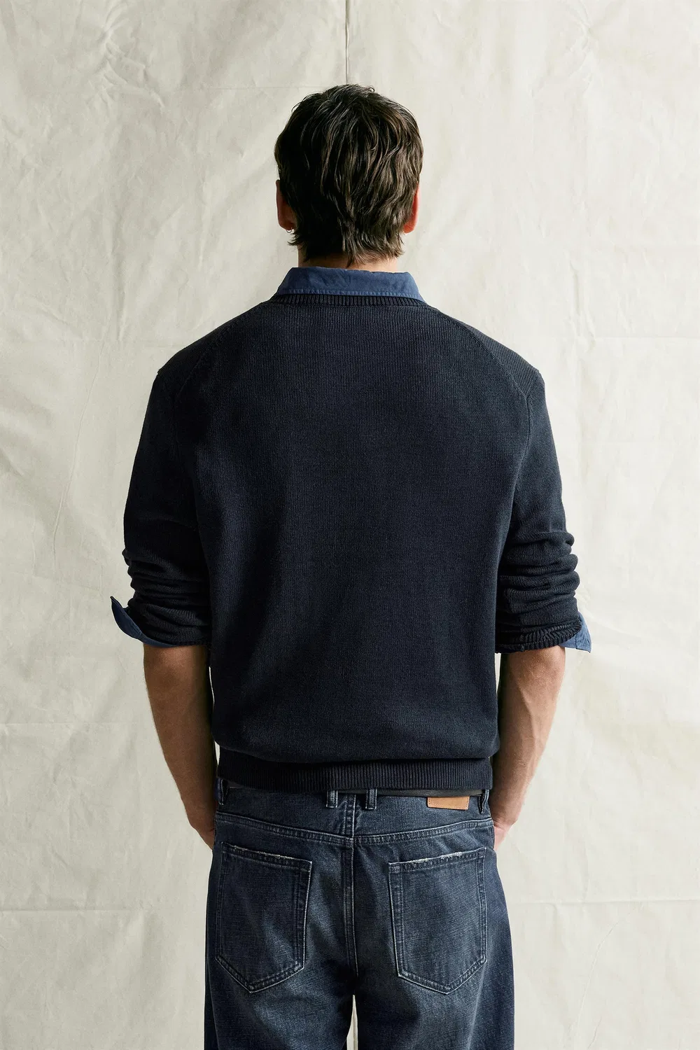 Хлопково-льняной джемпер стандартного кроя ZARA, Dark navy — фото 3