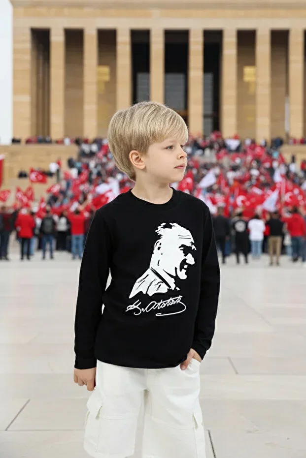 Детская футболка с принтом Ataturk printed cotton crew neck long sleeve ceremony 29 october 10 november boys and girls Dmb Boys & Girls, Black