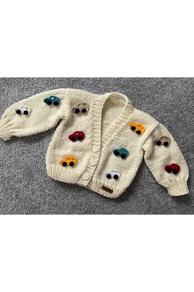 Детский кардиган с животным принтом Hand knitted car-themed baby kids cardigan El Örgüsü, Cream — фото 2