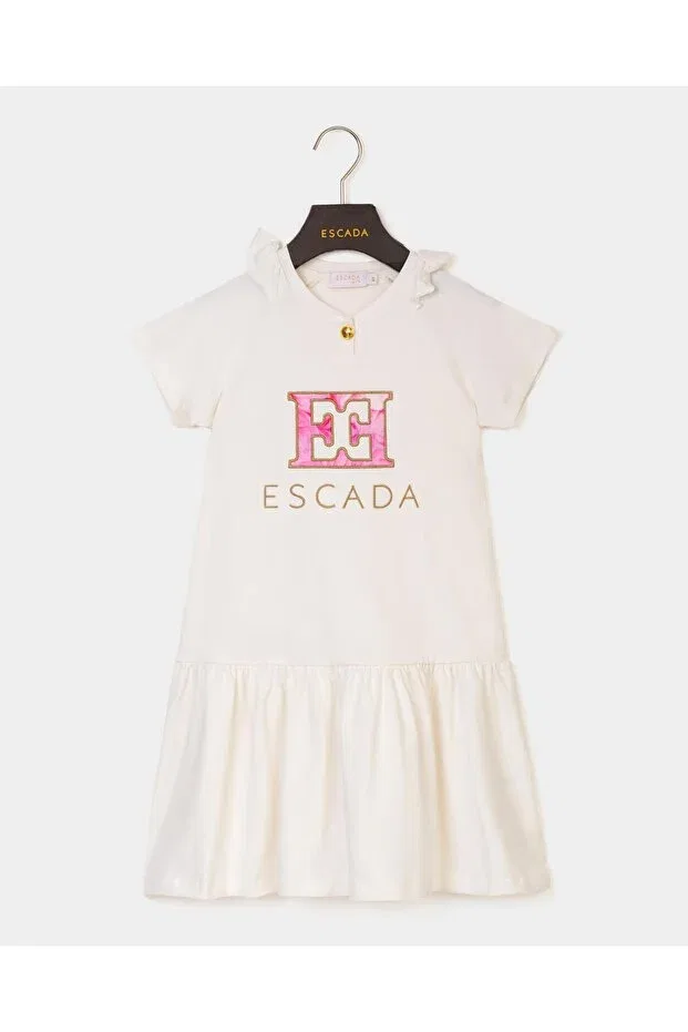 Детское платье для девочек с коротким рукавом Ruffle Collar Detailed Single Button Logo Children's Dress Escada, White