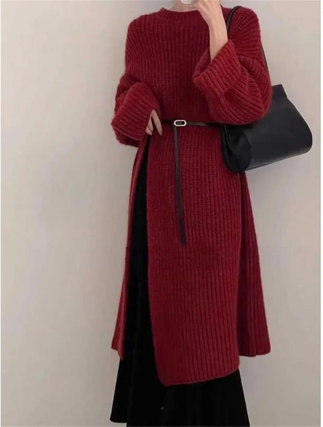 Женское платье миди вязаное утолщенное Pullover, Red — фото 2
