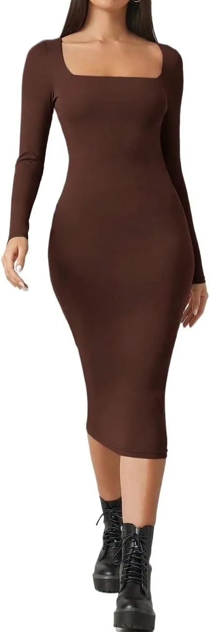 Женское миди-платье bodycon с квадратным вырезом, Coffee Brown