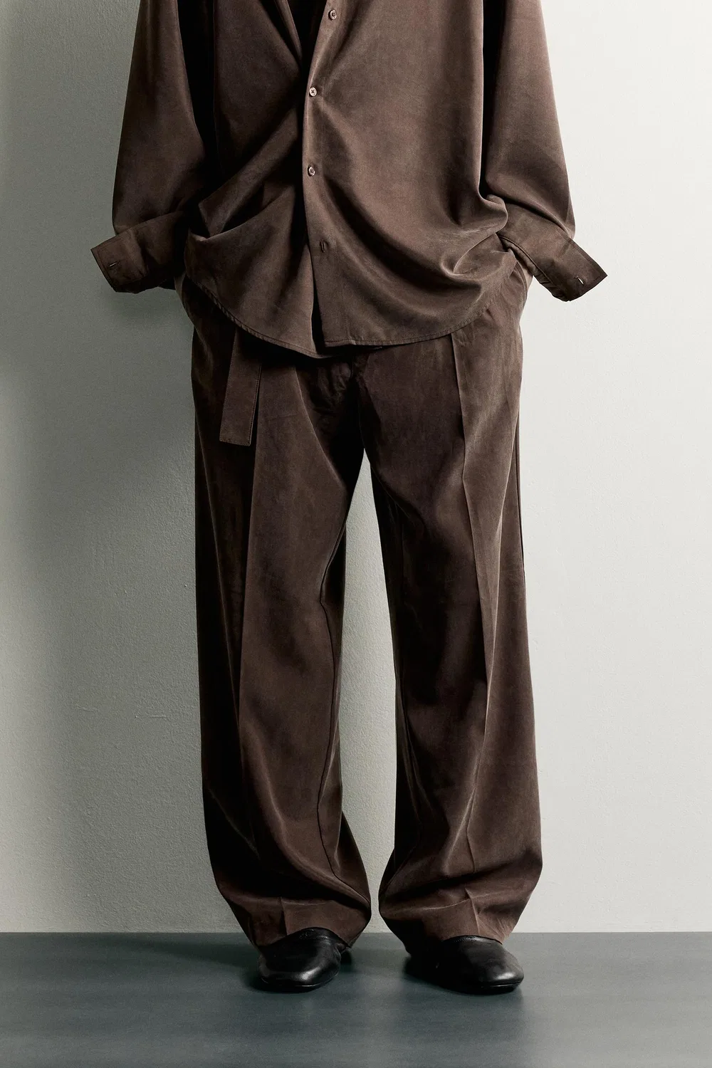 Свободные брюки свободного кроя с поясом ZARA, Dark brown — фото 2