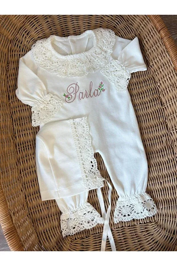 Детский комбинезон для девочек кружевной Guipure lace customizable baby girl romper and hat Mini Ropa, Ecru